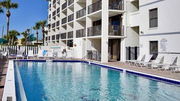 Outdoor pool, a heated pool, sun loungers