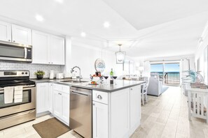 Direct Ocean View Deluxe Three-Bedroom Apartment - Unit 71 | Private kitchen | Fridge, microwave, oven, coffee/tea maker - Spanish Main - Cocoa Beach Oceanfront Condos near Port Canaveral (Cocoa Beach)