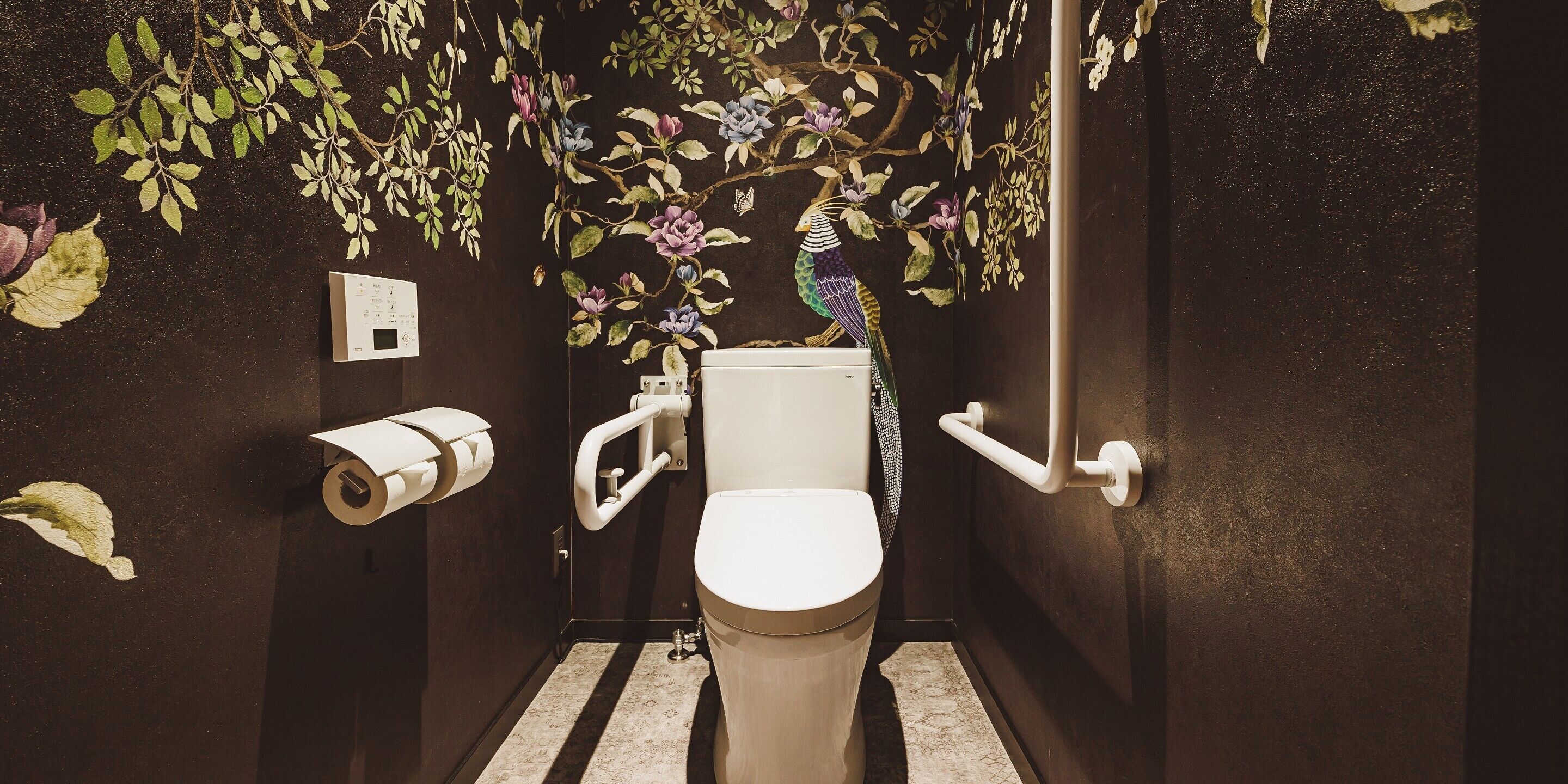 A bathroom with a toilet, toilet paper, and a handrail.
