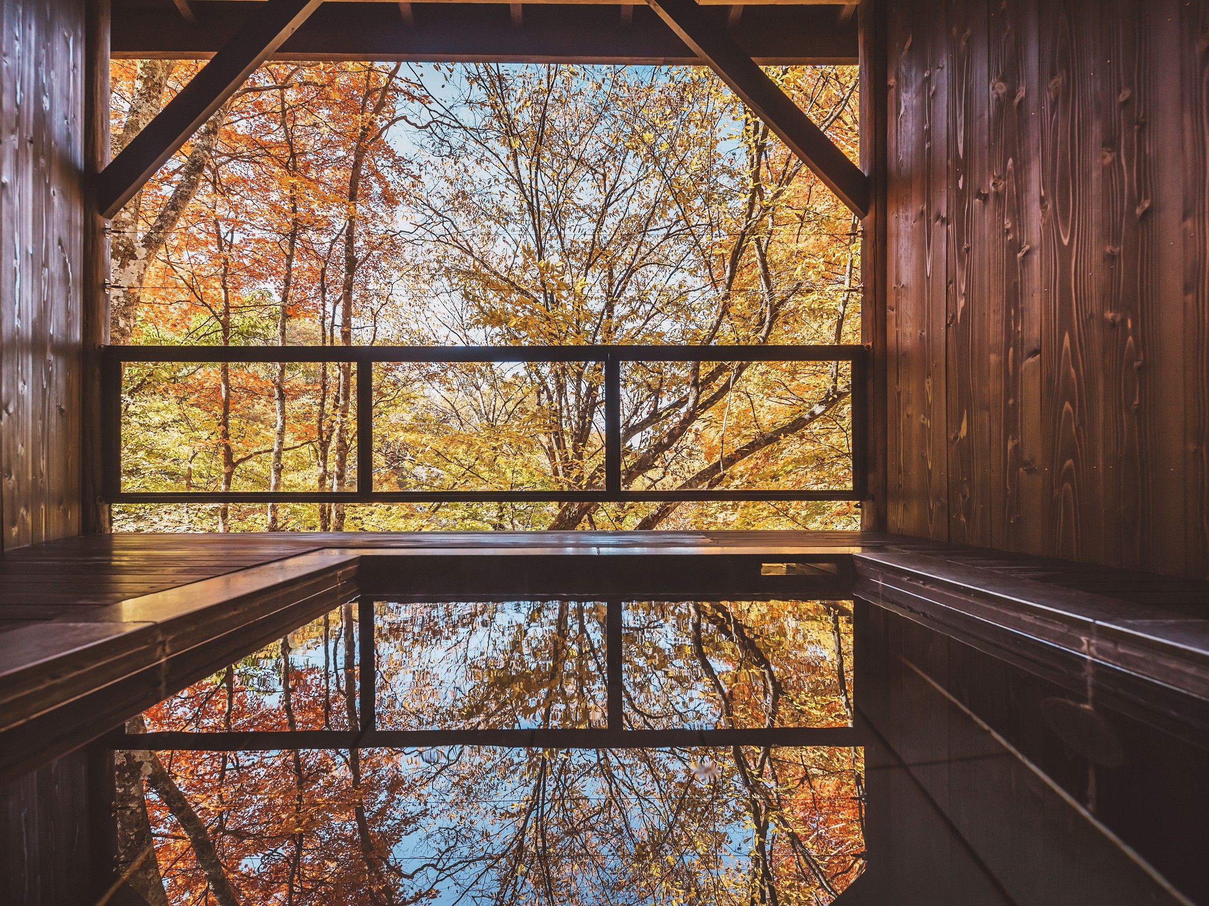 A wooden cabin with a large window reflecting trees with autumn foliage.