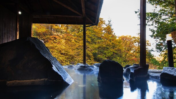 Un onsen japonais traditionnel, avec une structure en bois, une piscine naturelle et, en arrière-plan, le feuillage automnal.