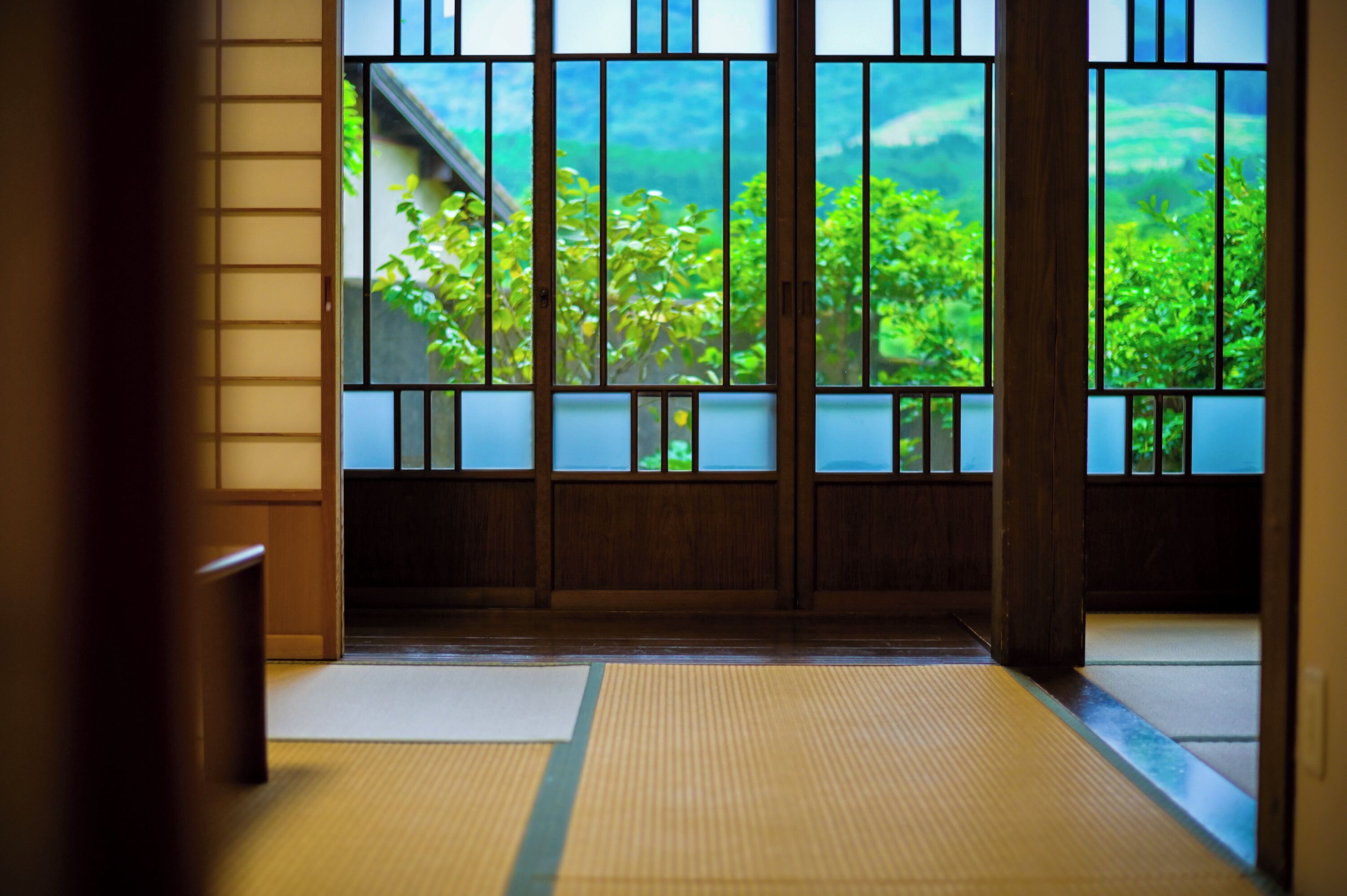 A traditional Japanese room with tatami flooring, shoji screens, and a view of greenery outside.