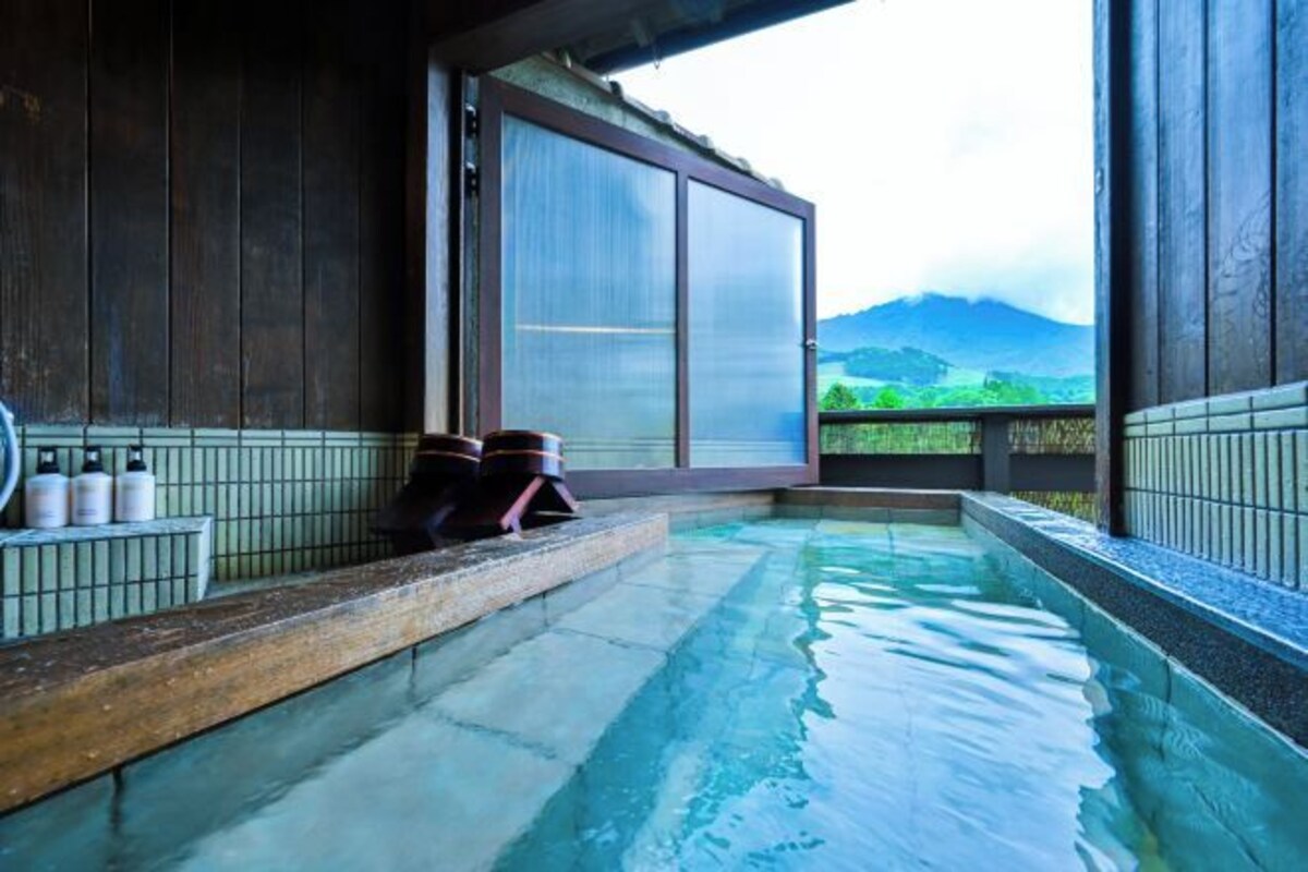 Un espace de bien-être avec une piscine, des murs en bois et une vue sur la montagne.