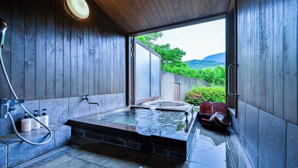 A spa area with a hot tub, wooden walls, and a view of greenery.
