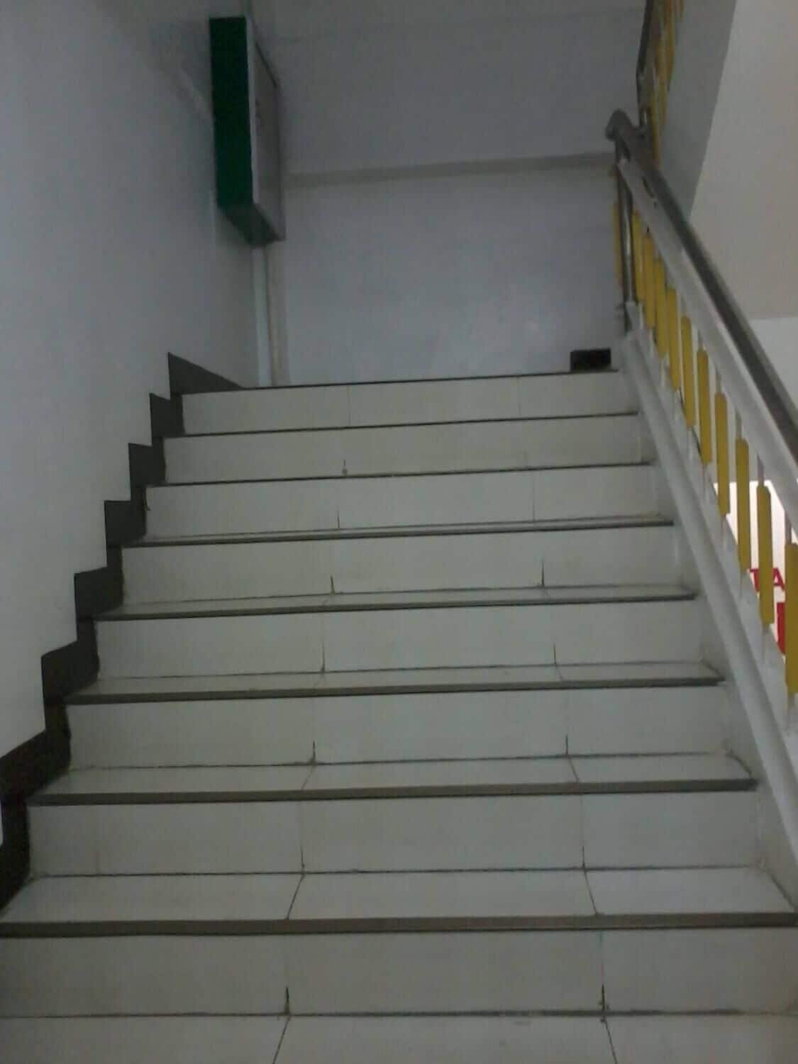 Eine Treppe mit weißen Stufen und schwarzen Kanten, die zu einer Empore f ührt.