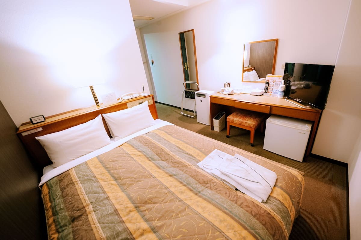 A hotel room with a bed, a desk, a television, and a mirror.
