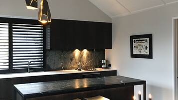 Full-size fridge, oven, stovetop, dishwasher