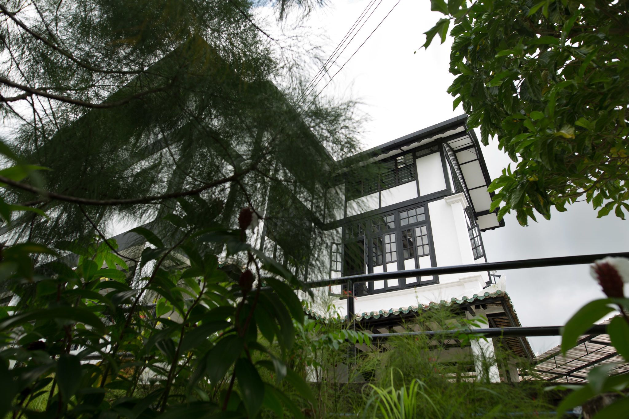 A traditional building with a white facade and black window frames, surrounded by dense foliage.