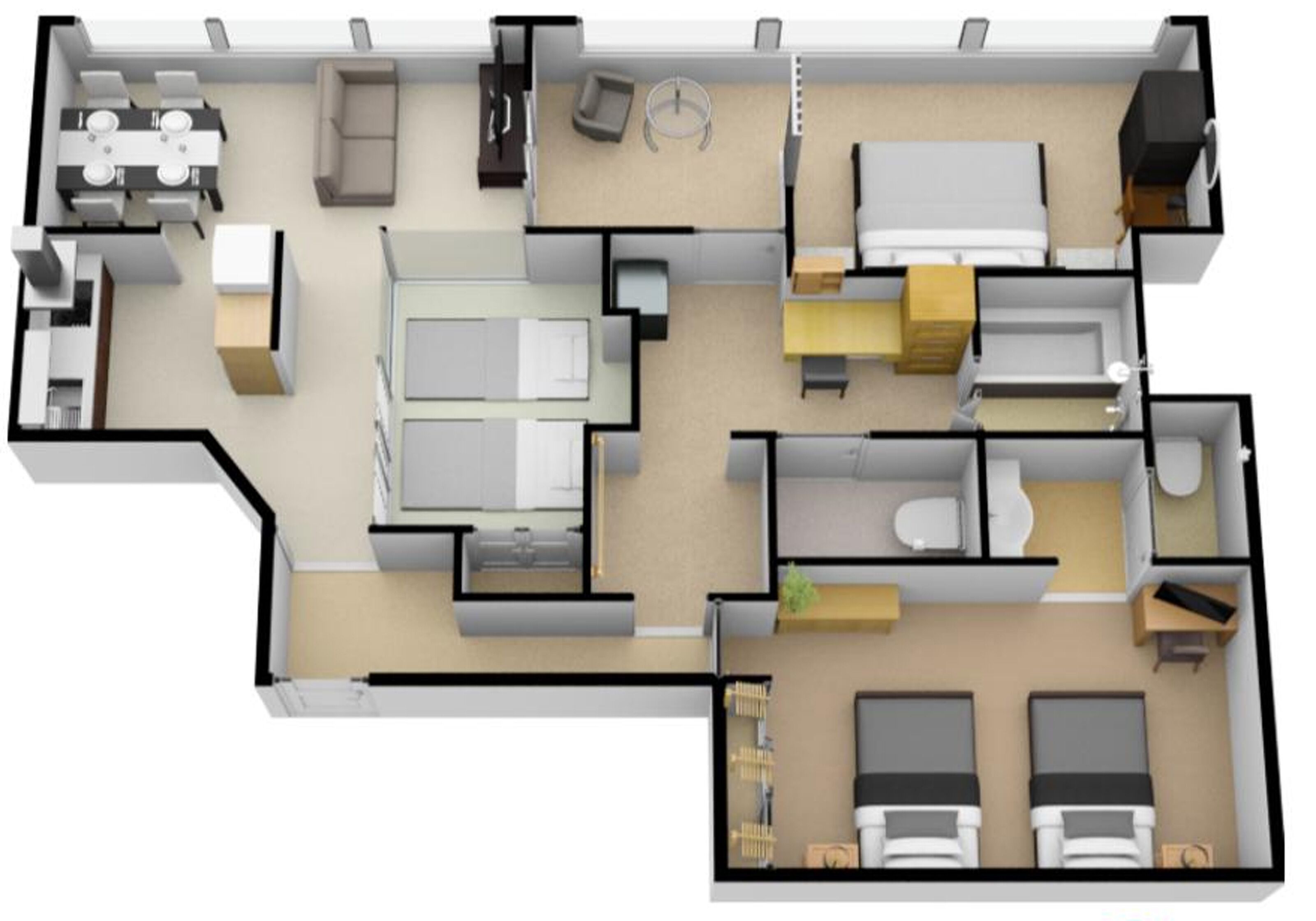 Grundriss einer 2-Zimmer-Wohnung mit Wohnzimmer, Küche, Essbereich und separaten Schlafzimmern.