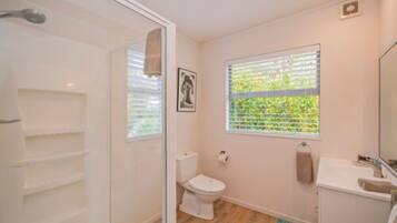 Une salle de bain équipée de toilettes, d’une douche et d’une fenêtre avec des stores.