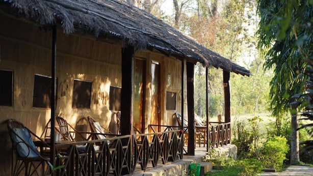 A rustic wooden building with a thatched roof, a covered porch with chairs, and a stone pathway leading to it. - Forest Hideaway Resort PVT LTD (Bardiya National Park)