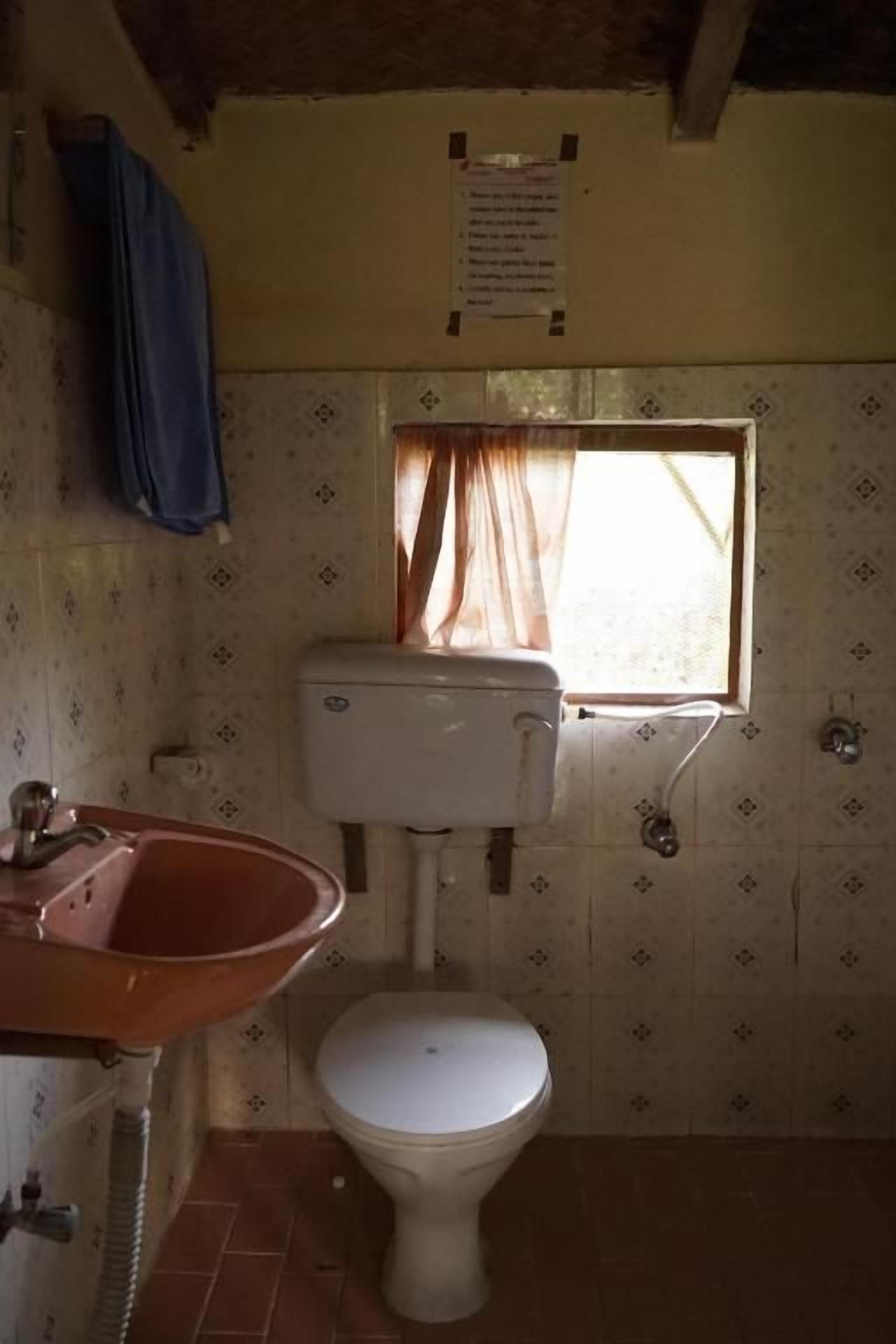 Un baño pequeño con inodoro, lavamanos y ventana con cortinas.