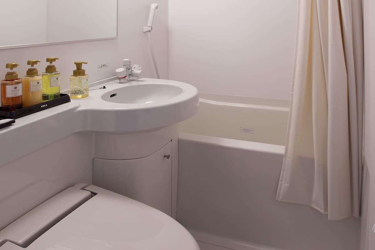 combined shower/bathtub, free toiletries, hair dryer, slippers