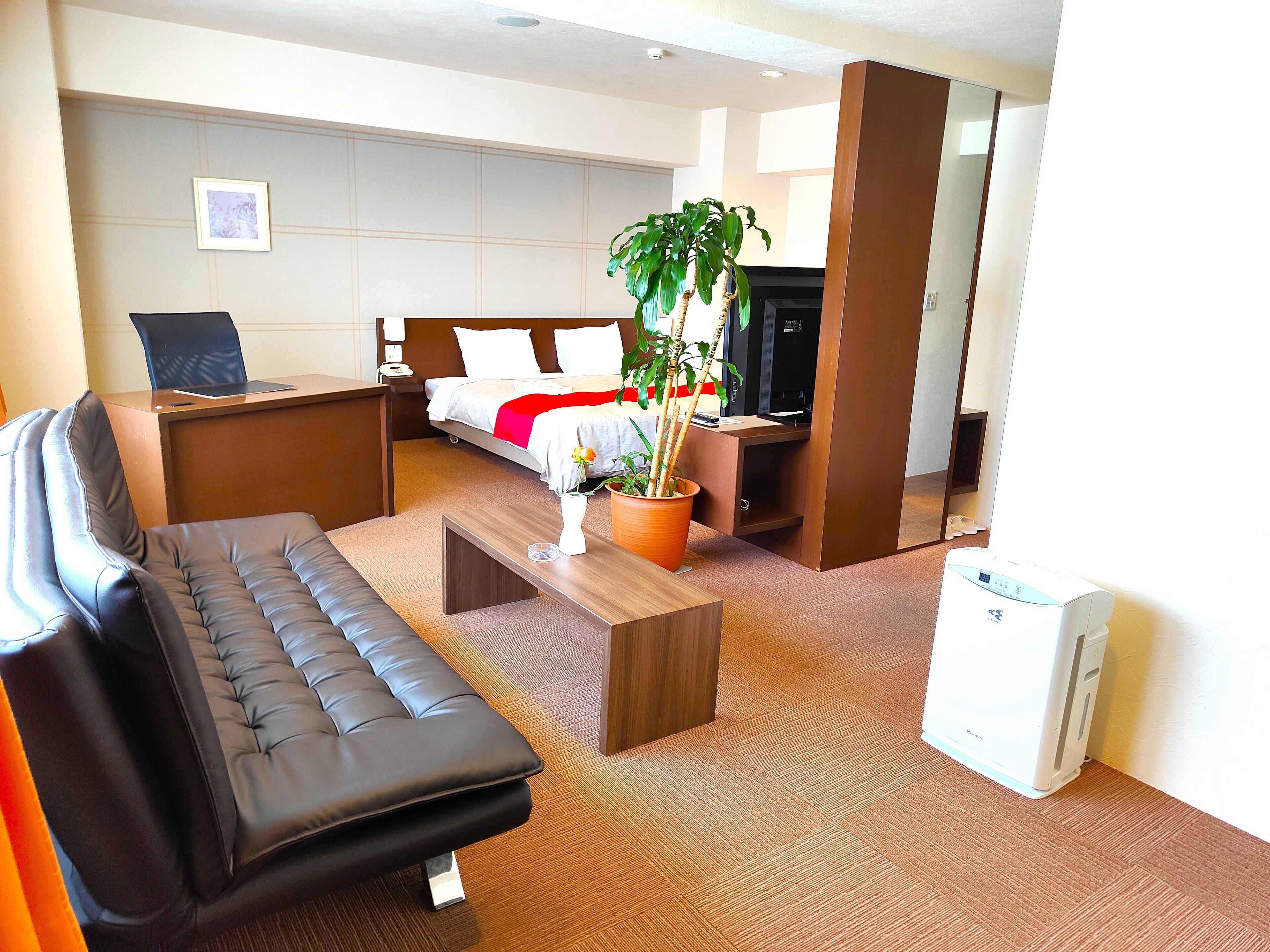 A hotel room with a bed, a desk, a sofa, a coffee table, a potted plant, and a heater.