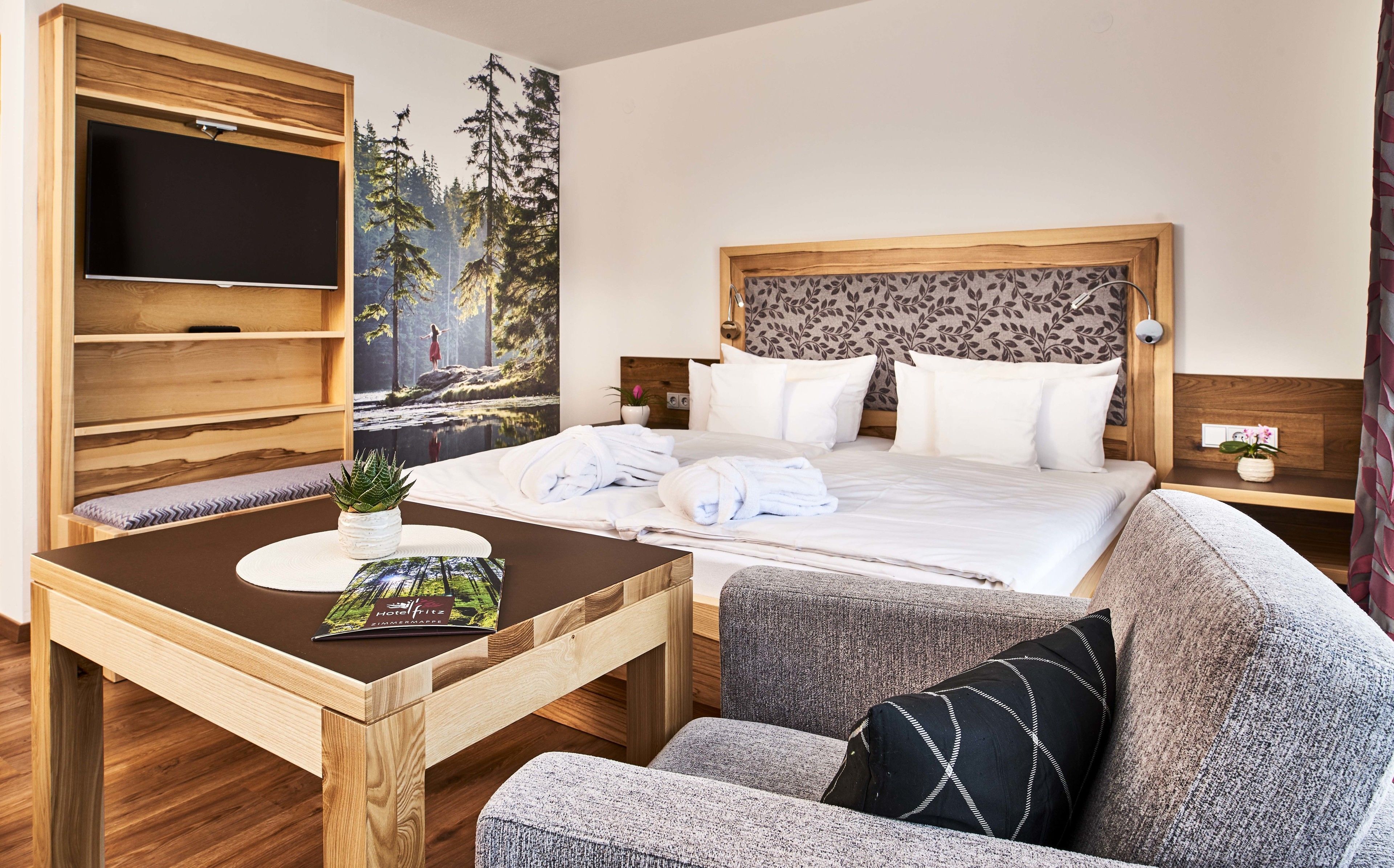 Quarto de hotel com cama, televisão, escrivaninha e sofá.