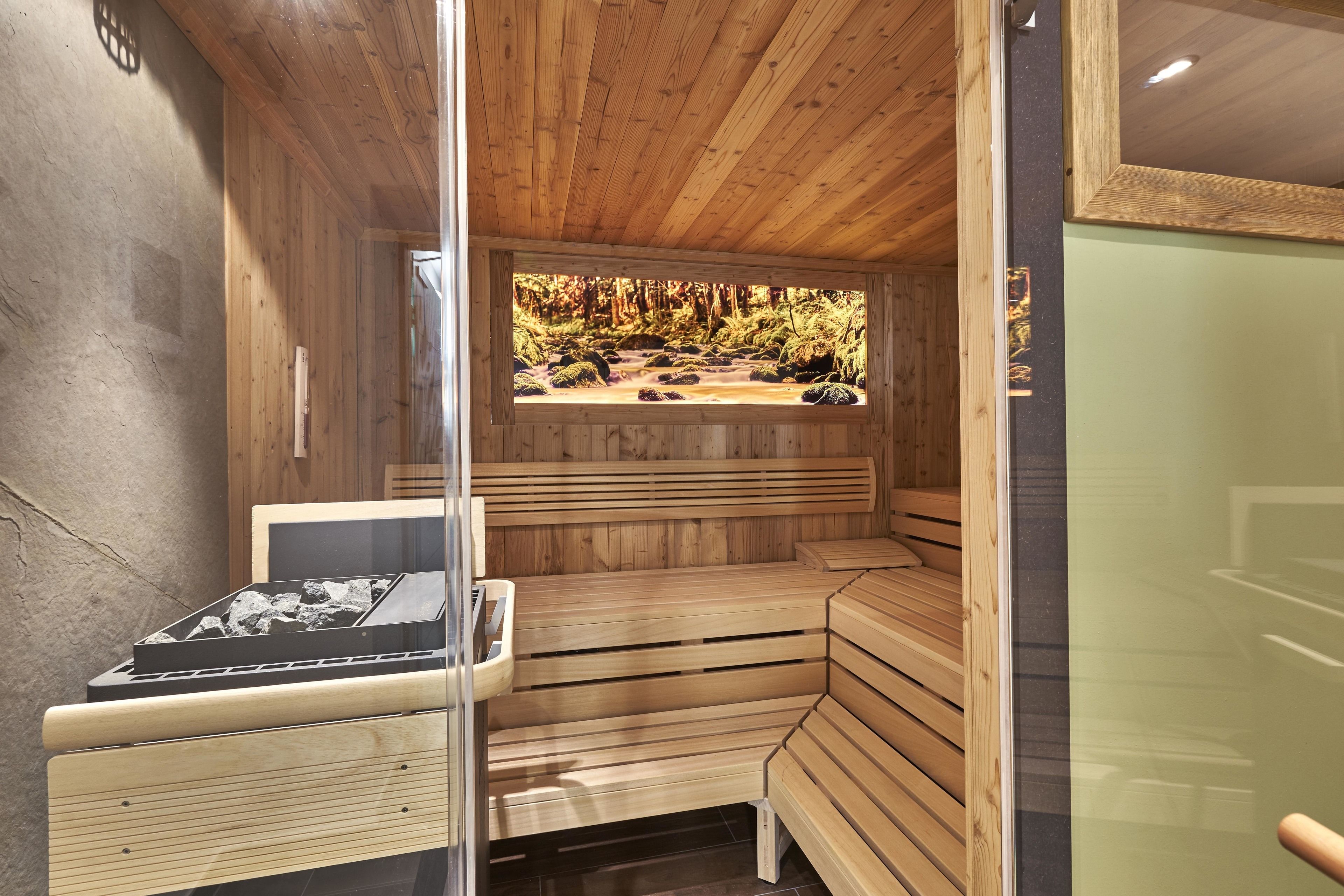 A sauna with wooden benches and a glass wall offering a view of a forested area.