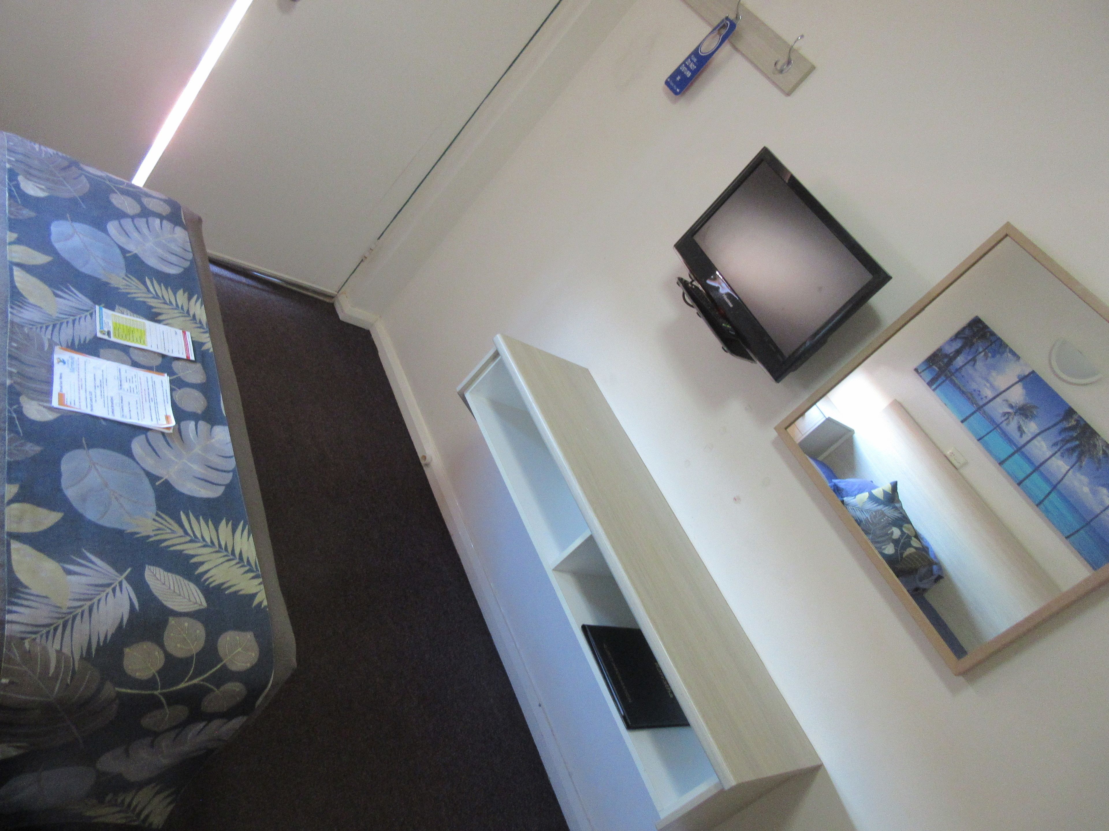 Una habitación con cama, televisor, espejo y estante.