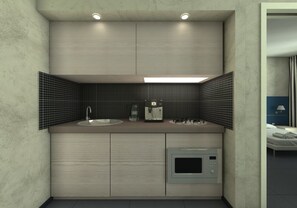 Refrigerador, microondas, placa de cocina, utensilios de cocina