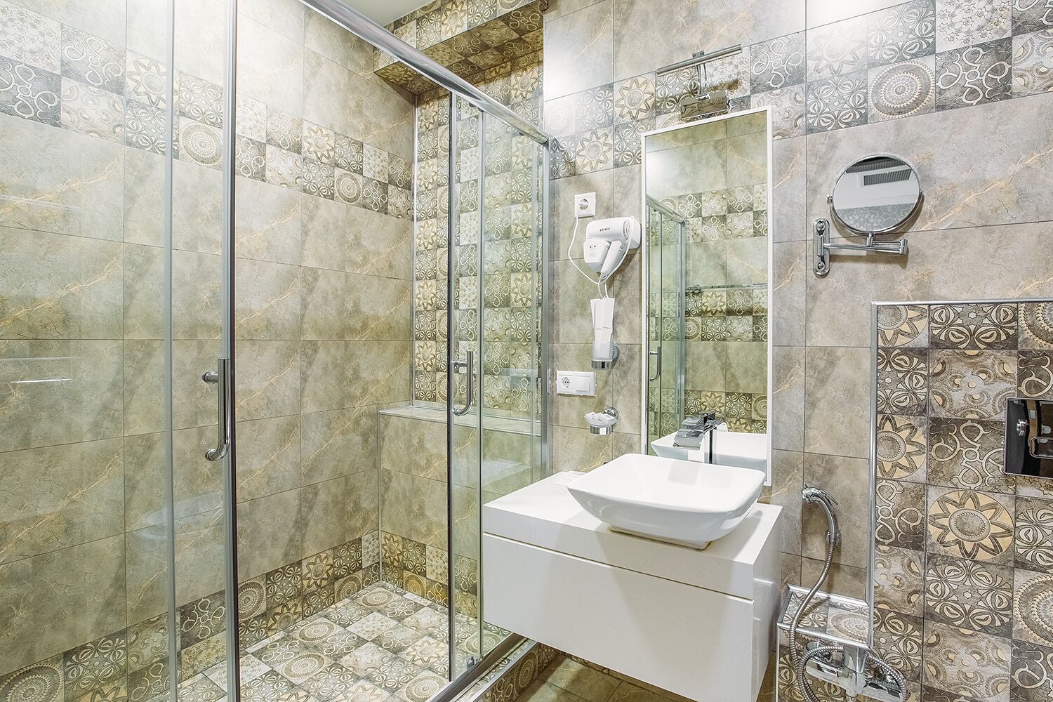 family room | bathroom | shower, rainfall showerhead, free toiletries, hair dryer