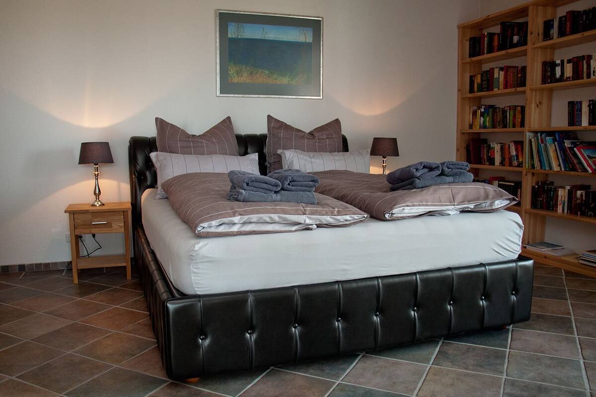 A double bed with a black headboard, two bedside tables with lamps, a bookshelf, and a framed picture on the wall.