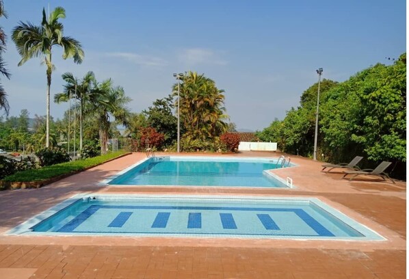 A rectangular swimming pool with a tiled deck area, surrounded by palm trees and greenery.