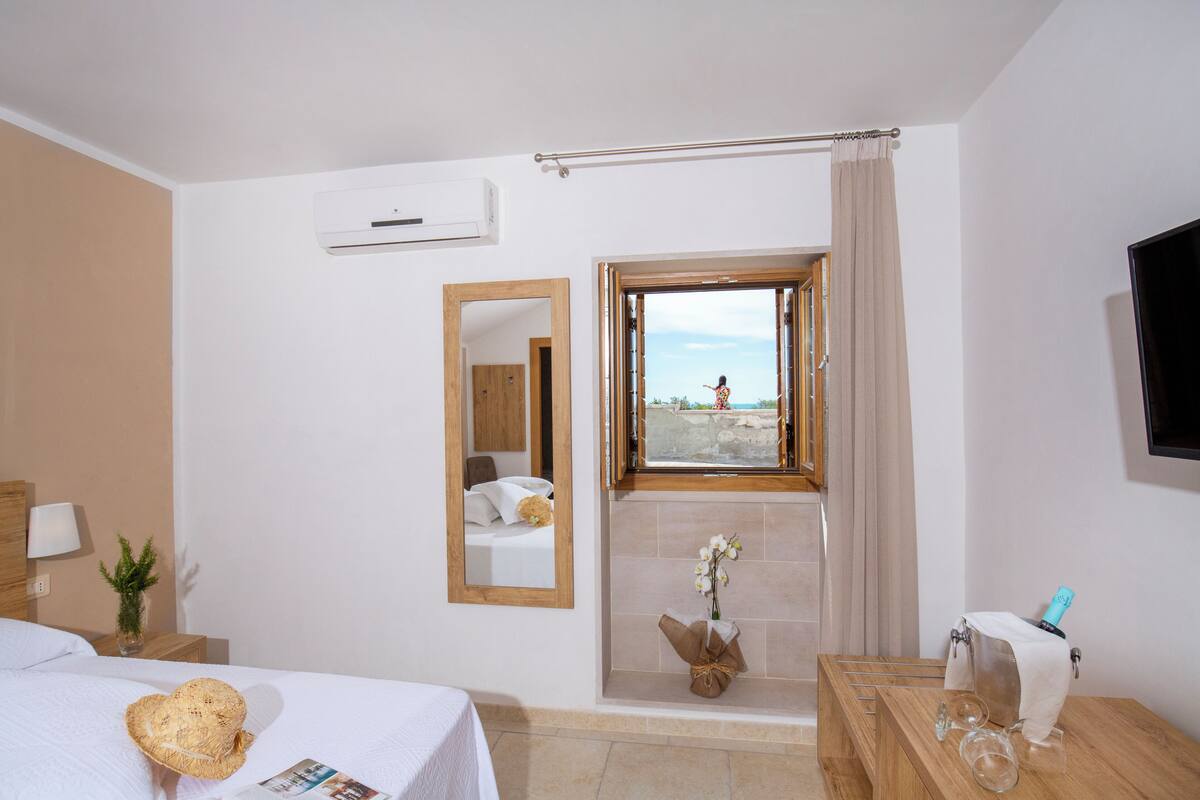 Habitación de hotel con cama, baño con ducha, ventana con vistas y televisión en la pared.