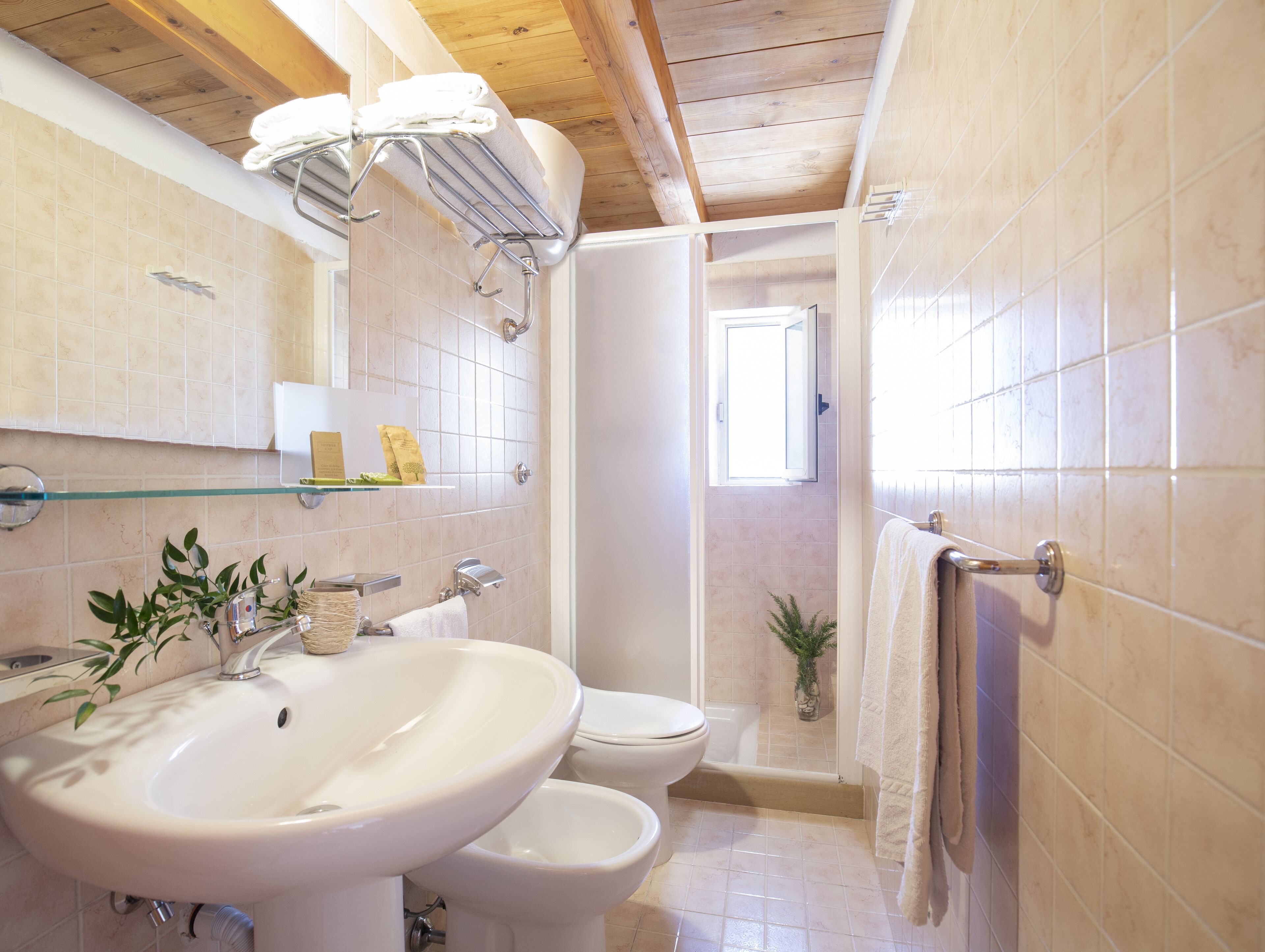 Un baño con lavamanos, inodoro y ducha. Hay un perchero para toallas y una repisa de vidrio con artículos de aseo.