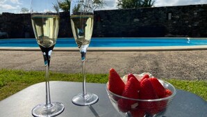 Two glasses of white wine and a bowl of strawberries on a table by a pool. - The Alpaca B&B (Chalais)