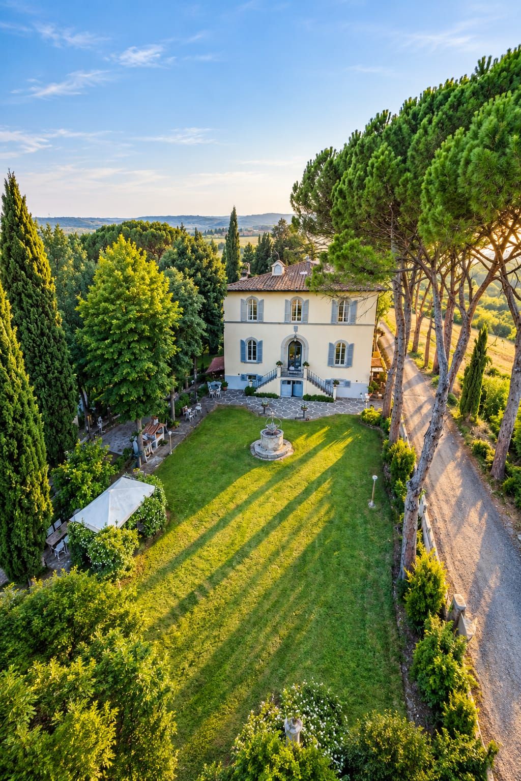 Un grand bâtiment à deux étages, doté d’une façade symétrique, d’une entrée centrale avec un escalier et d’une pelouse bien entretenue agrémentée d’un jardin circulaire.