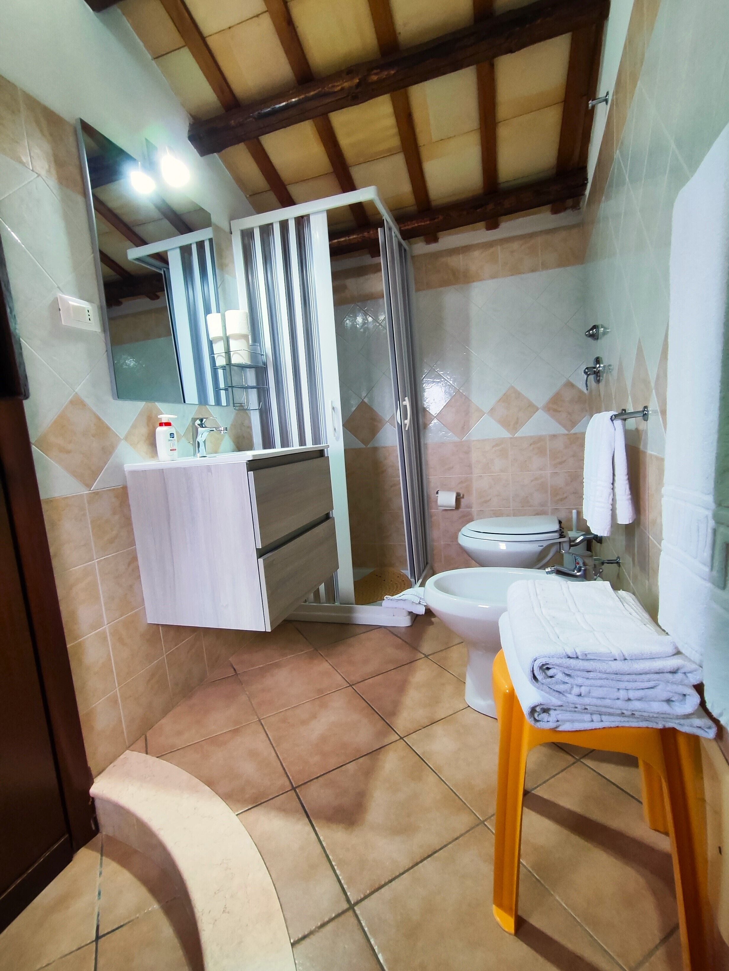 A bathroom with a shower, toilet, and sink.
