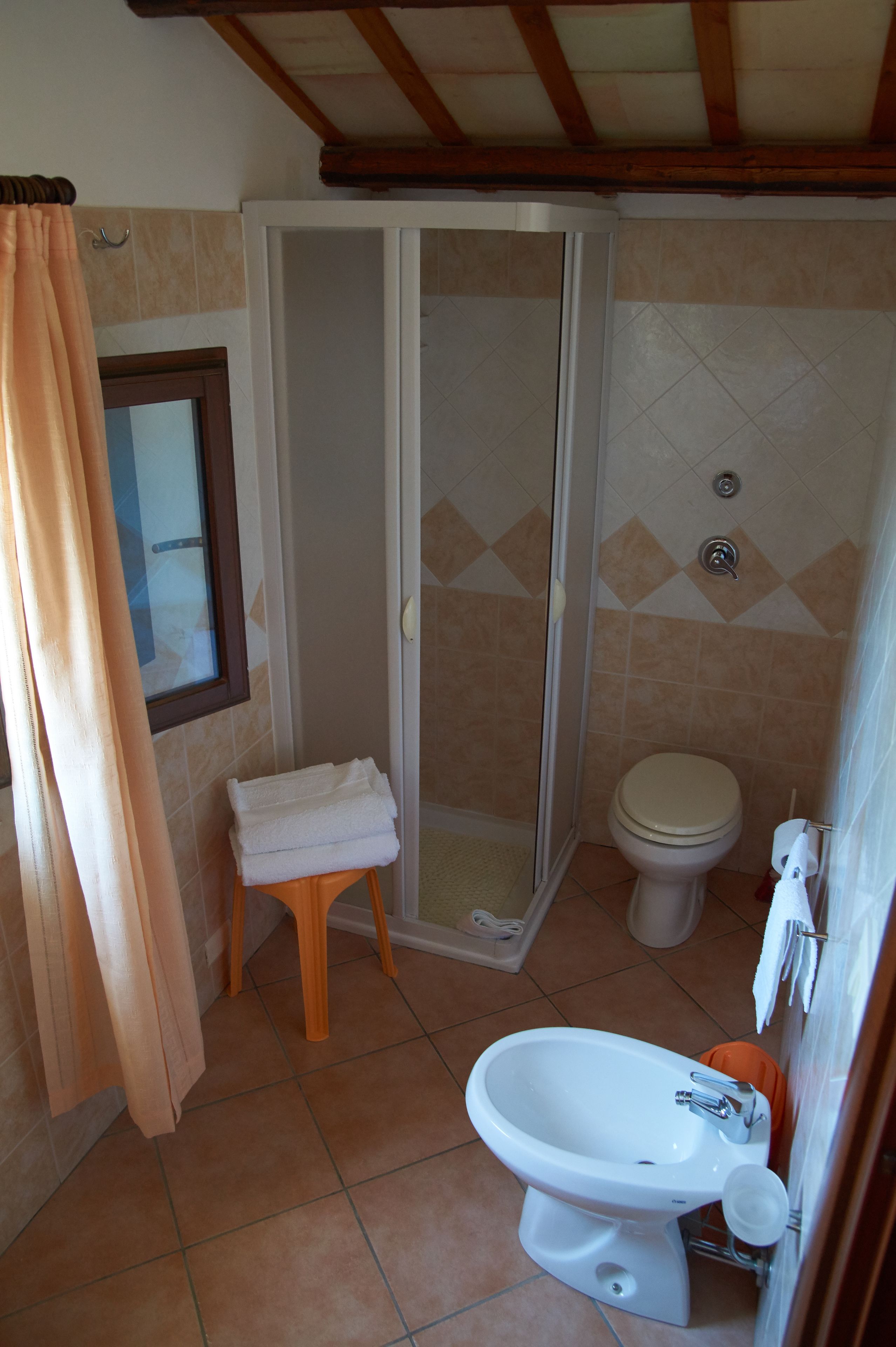 Un baño con ducha, inodoro y lavabo.