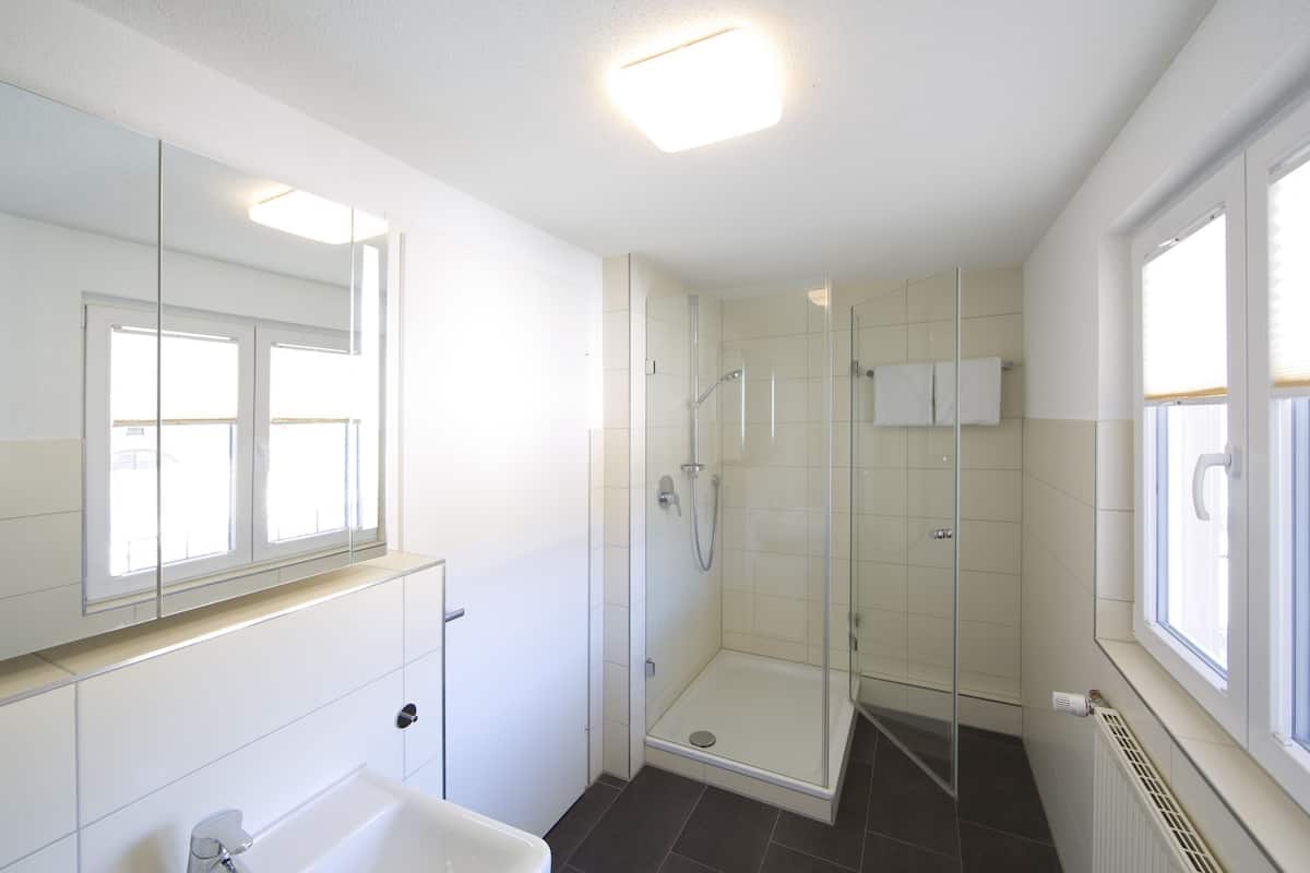 A modern bathroom with a glass-enclosed shower, a white sink, and a large mirror.