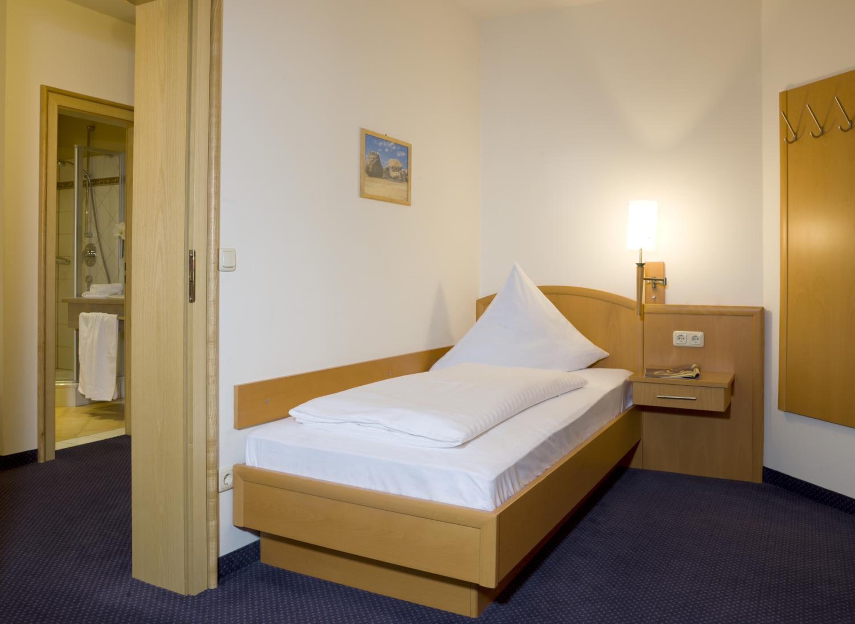 A hotel room with a bed, a nightstand with a lamp, a wooden wardrobe, and a shower area.