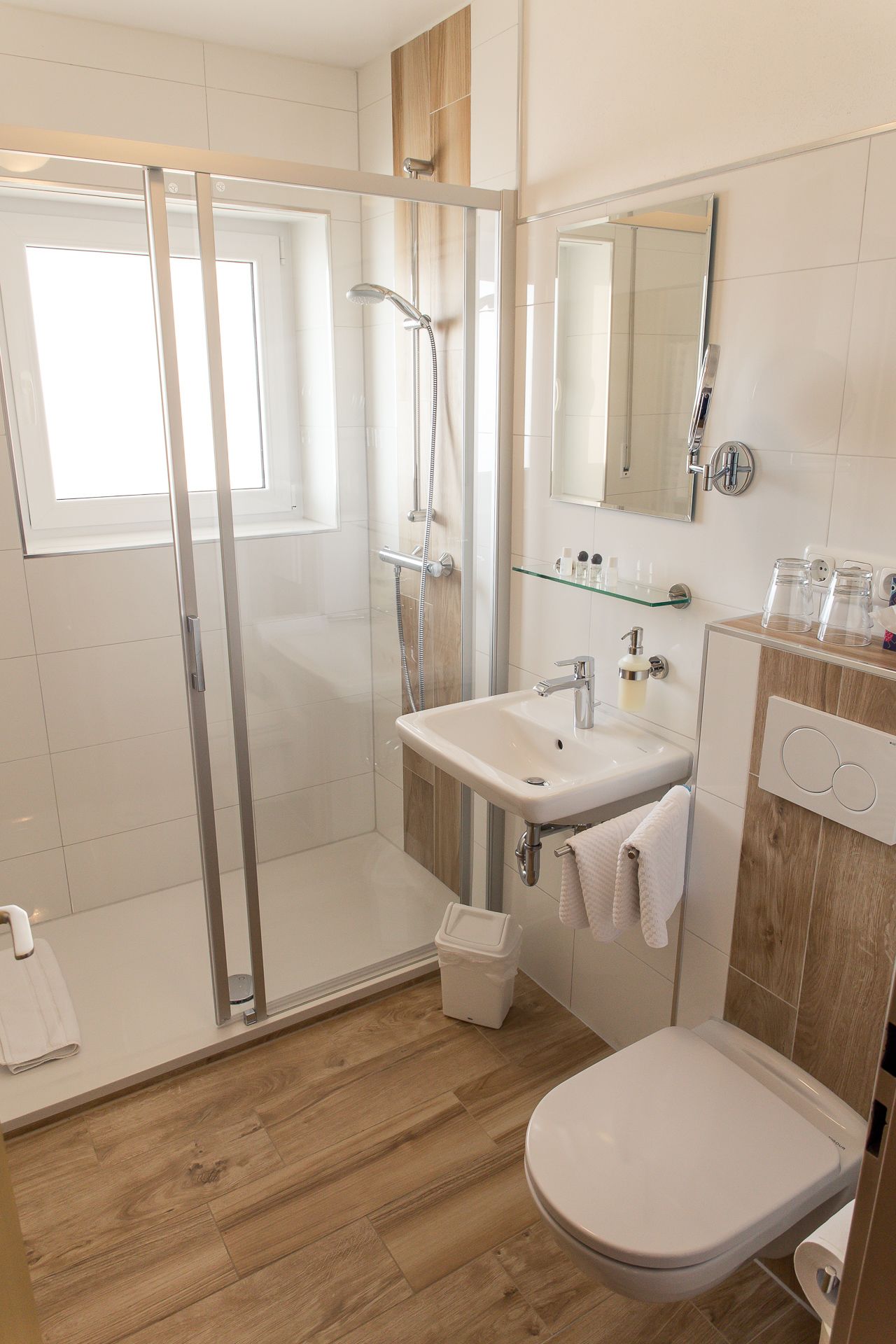 A modern bathroom with a glass shower enclosure, a sink with a mirror above, and a toilet.