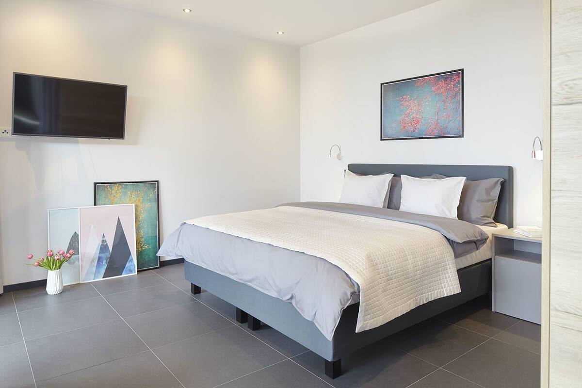 Ein modernes Schlafzimmer mit einem Bett, Nachttischen, einem Flachbildfernseher und Kunstwerken an den Wänden.