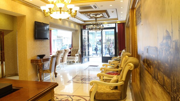 A hotel lobby with a reception desk, seating area, and a large mural on the wall. - Marmara Deluxe Hotel (Istanbul)