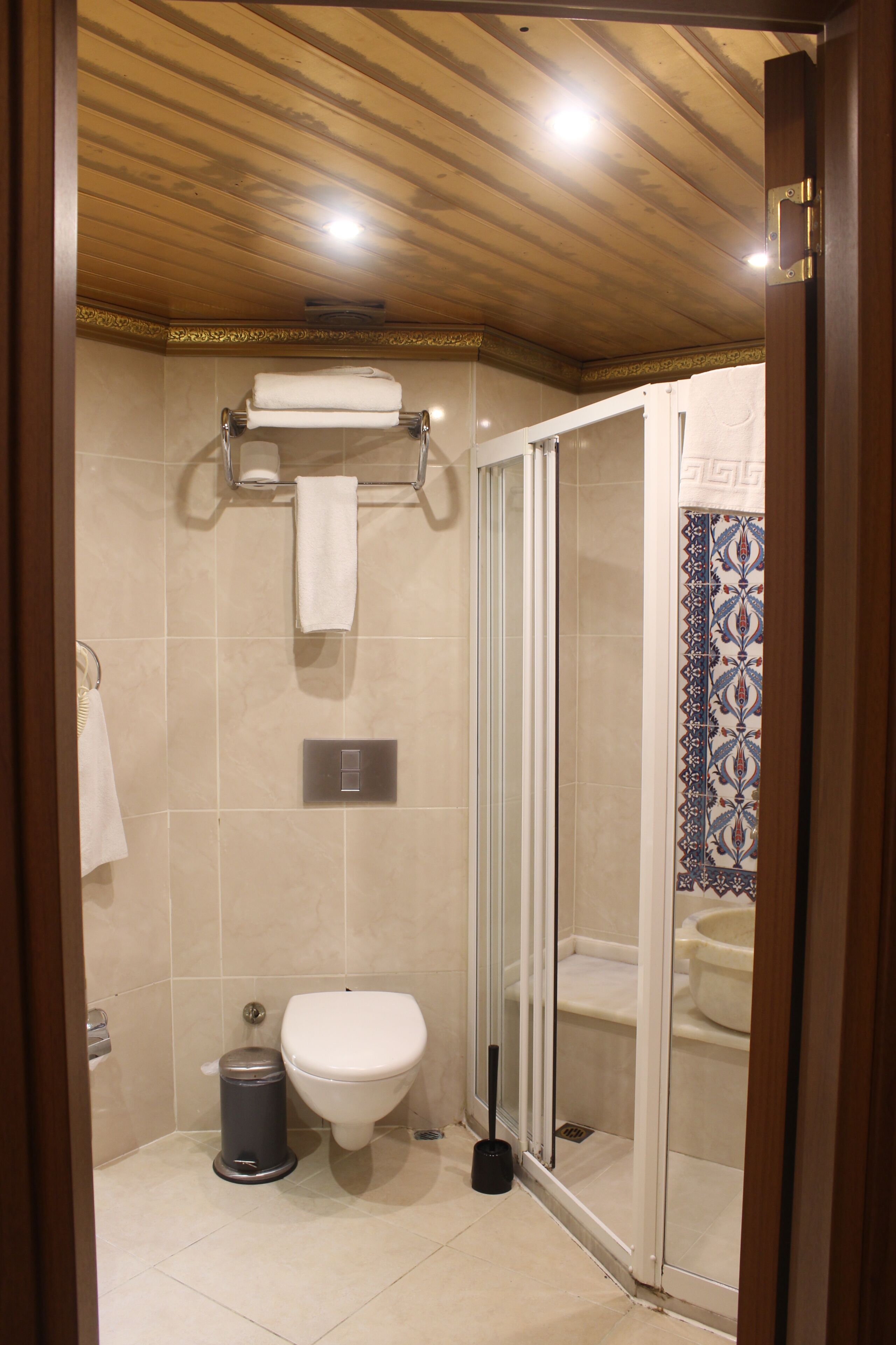 A bathroom with a toilet, a trash can, a shower, and a towel rack.