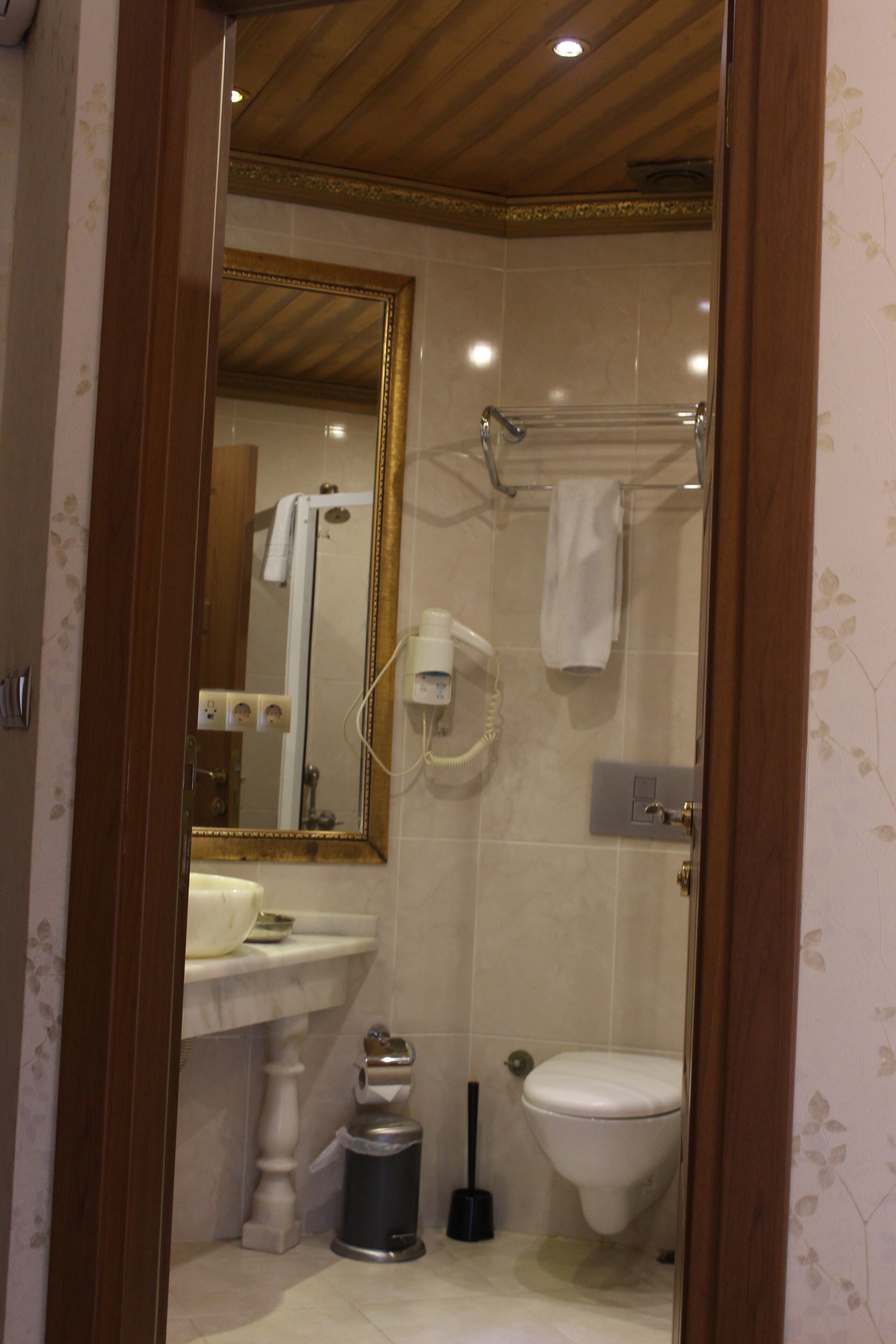 Une salle de bain comprenant un lavabo sur colonne, des toilettes, une douche avec un porte-serviettes et un miroir avec un cadre doré.