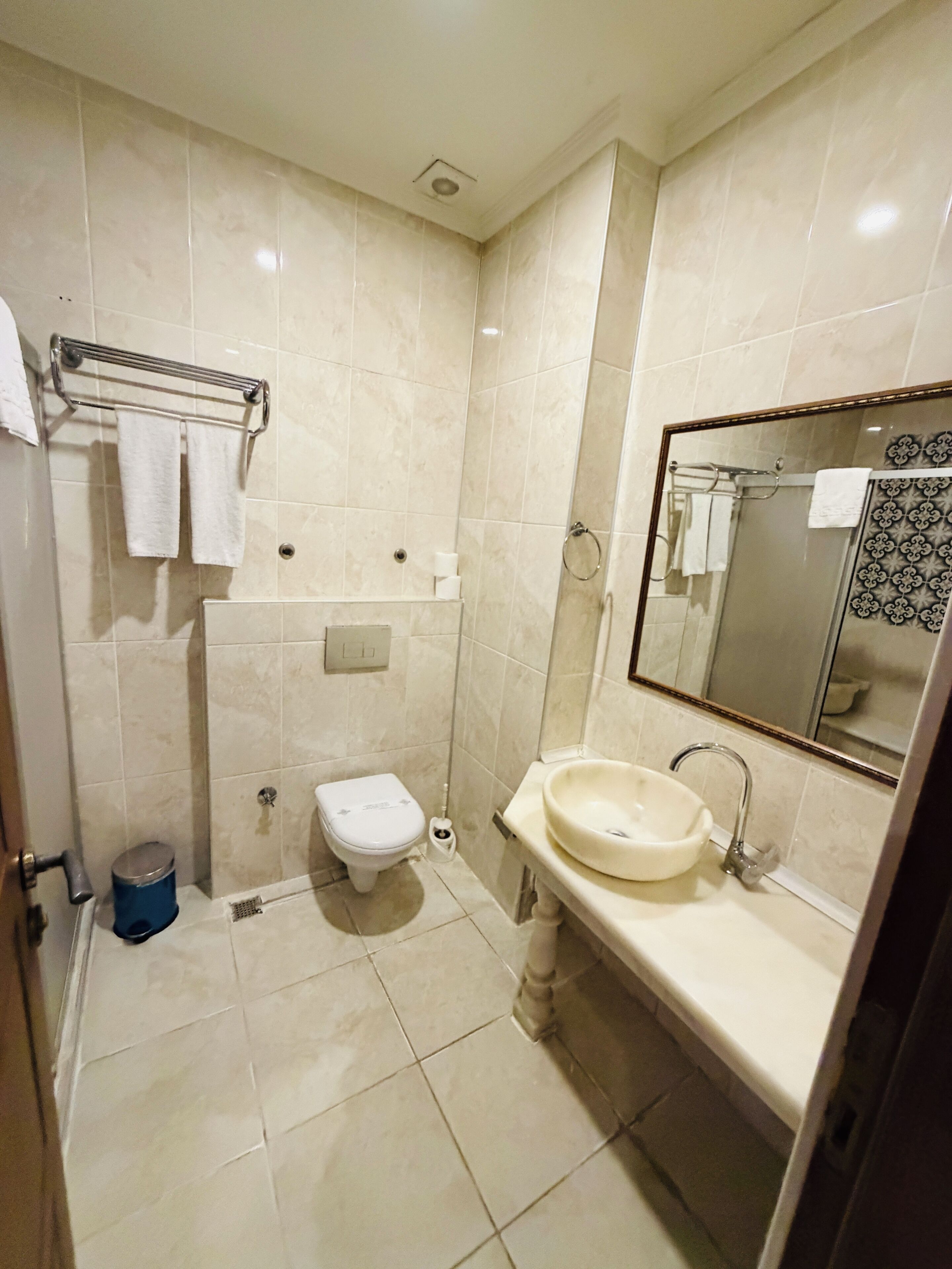A bathroom with a toilet, sink, and shower area.
