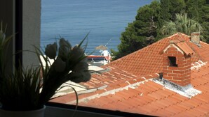 Vista desde una ventana con vista a una zona costera, cielo despejado, masa de agua y una cadena montañosa distante.
