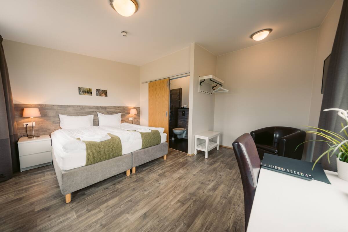 Una habitación de hotel moderna con una cama doble, mesitas de noche, un escritorio, una silla y zona de ducha.