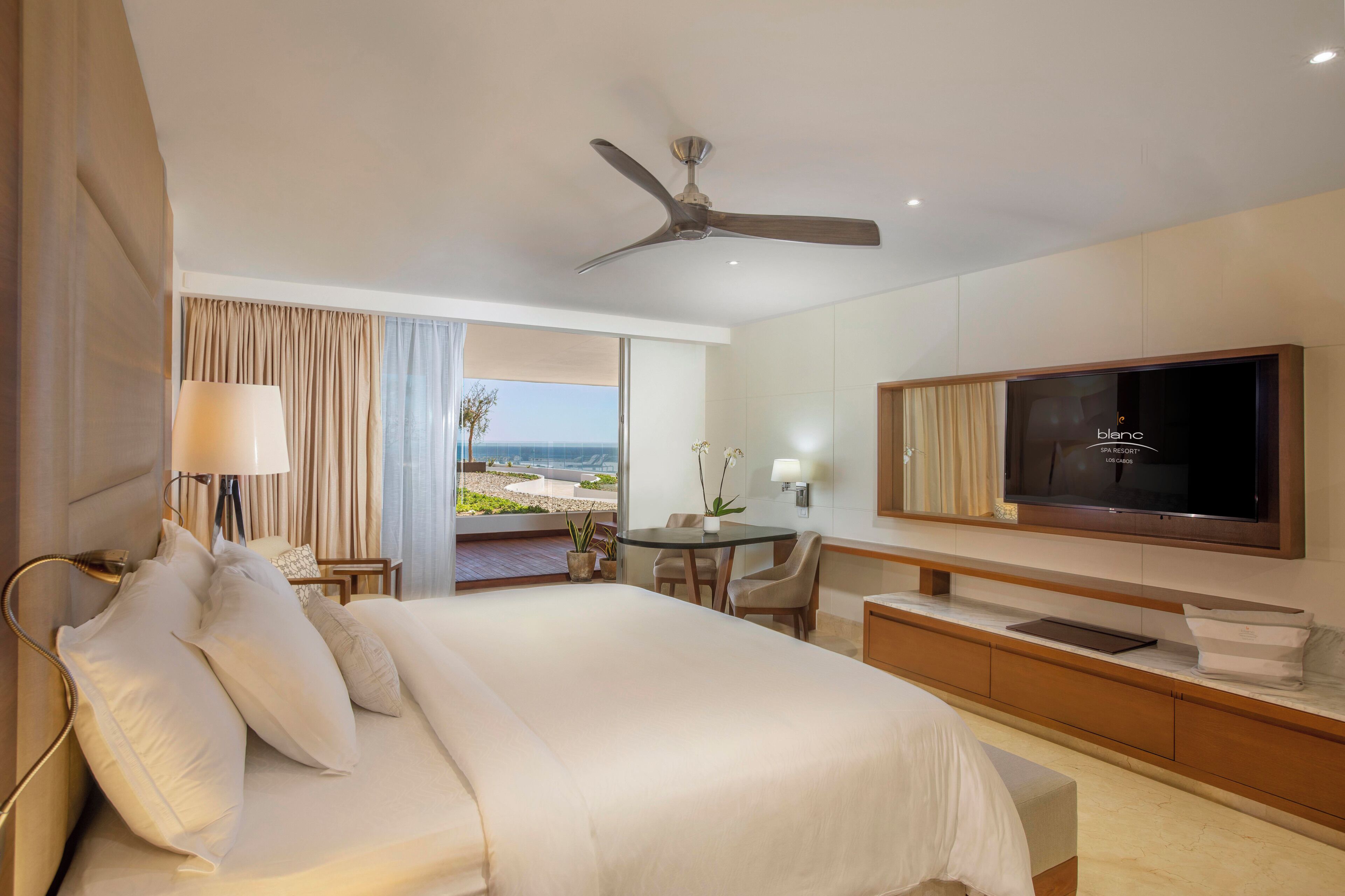 A hotel room with a bed, a TV, a desk, and a balcony with a view.