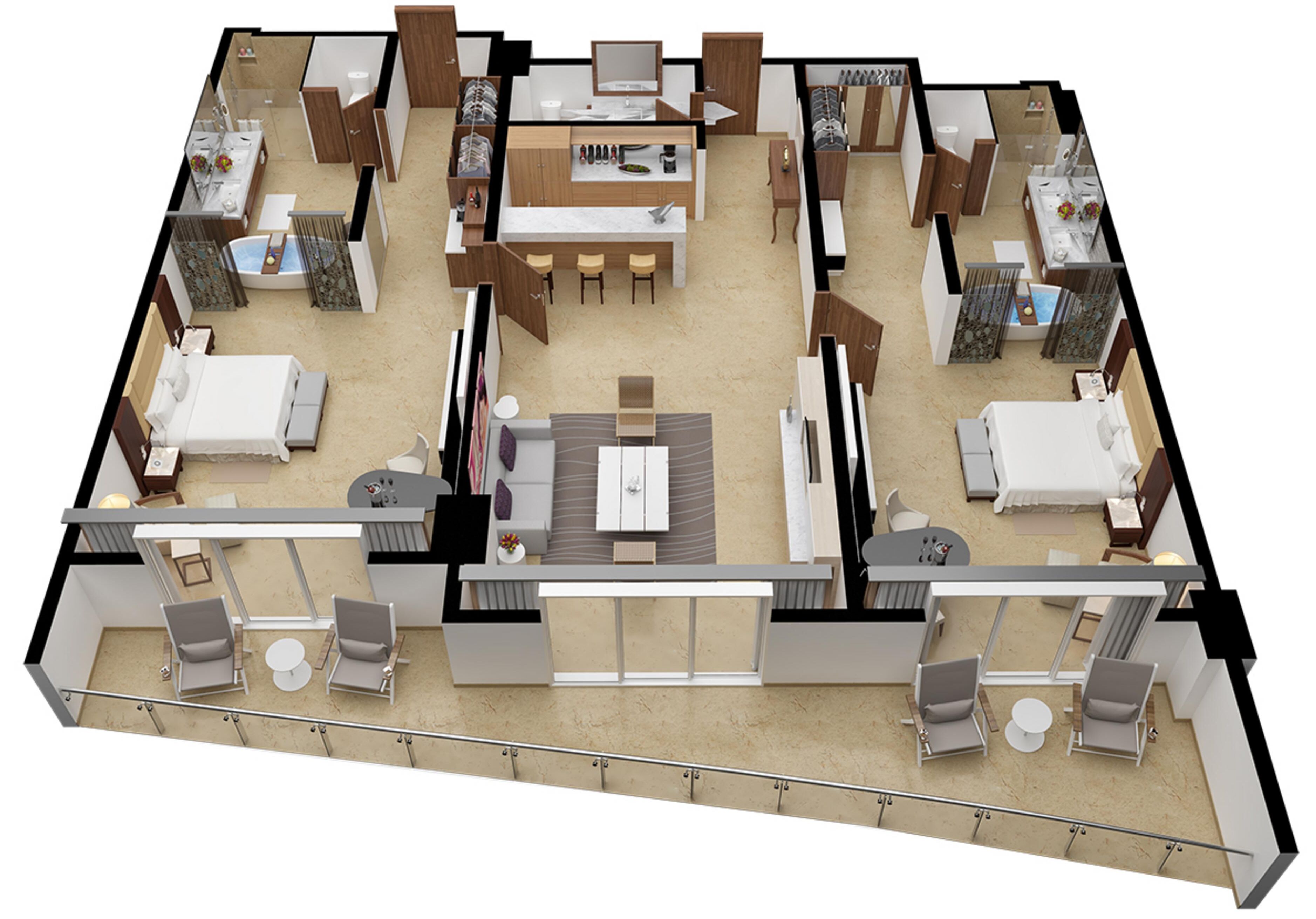 A 3D floor plan of a hotel with multiple rooms, a central lobby, and a balcony area.