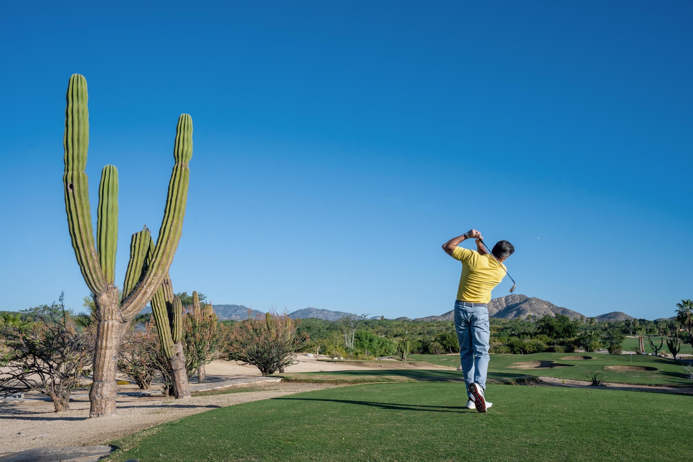 Un hombre jugando al golf en un día soleado, con cactus y montañas al fondo.