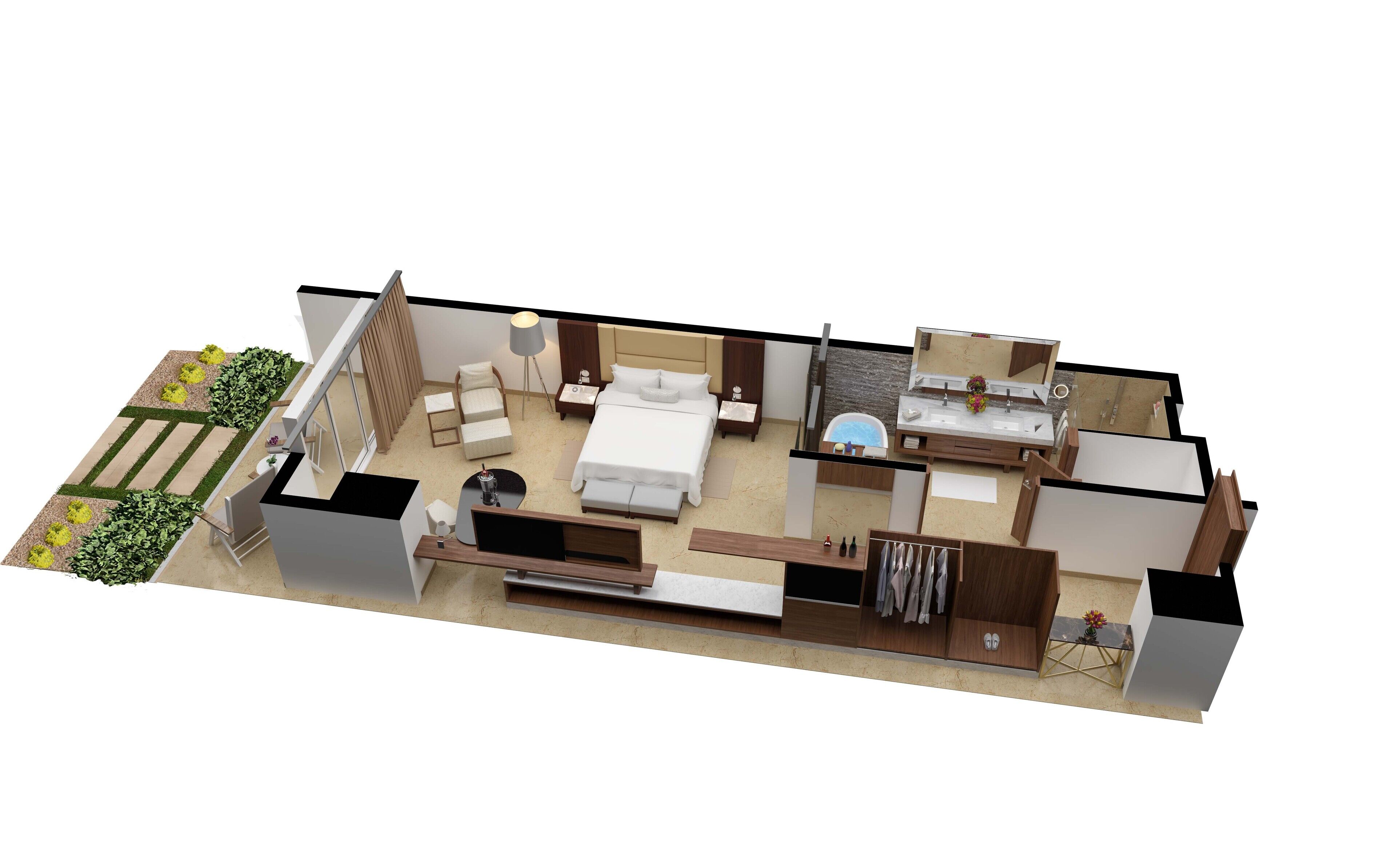 A 3D model of a hotel room with a bed, bedside tables, a desk, a chair, a bathroom with a bathtub, and a small balcony with plants.