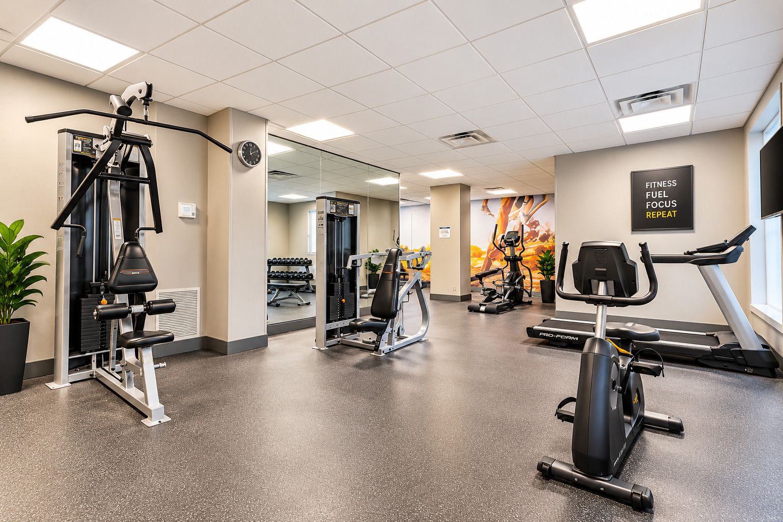 A gym with cardio machines, weight training equipment, and a mirror.