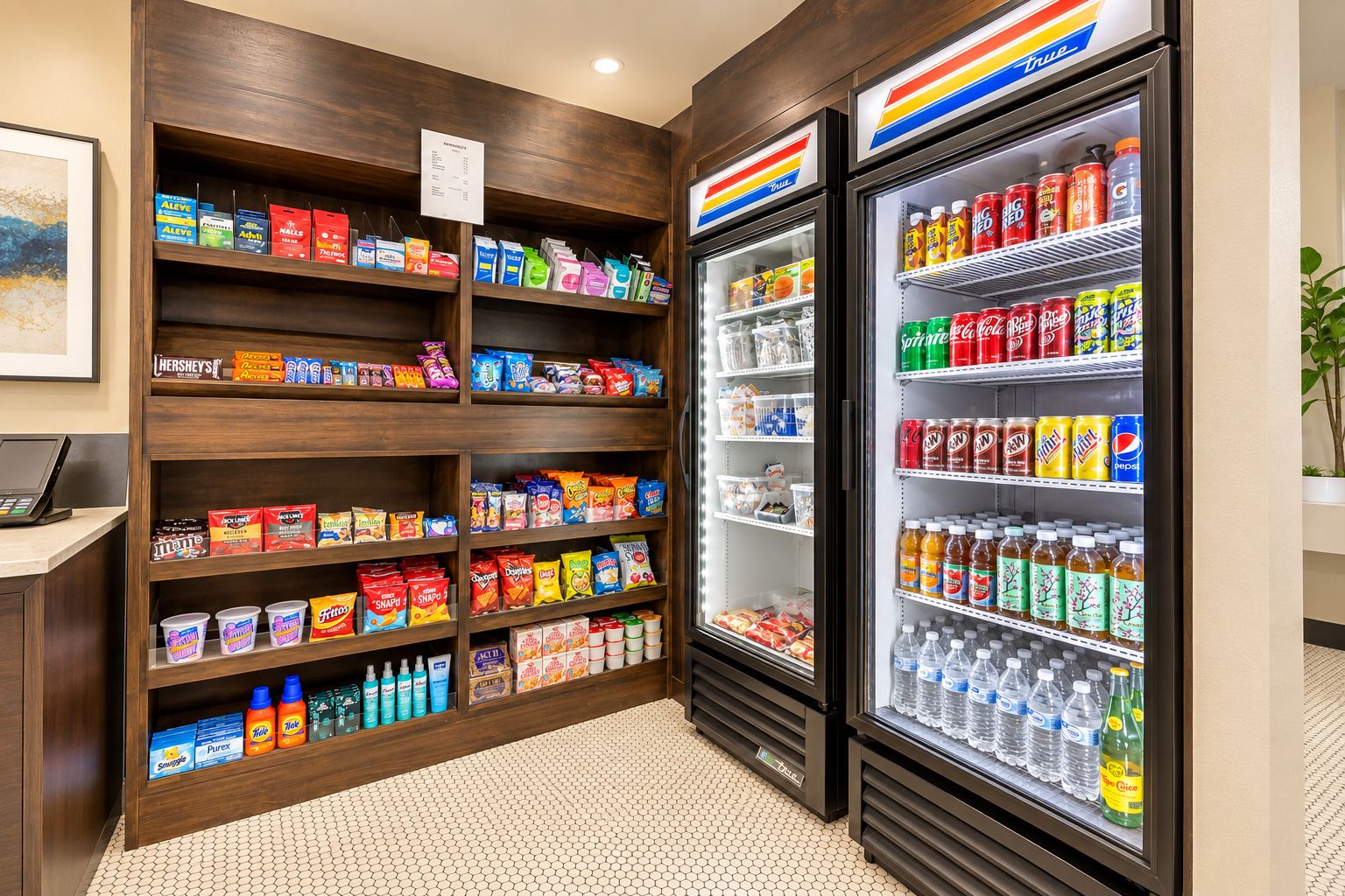 Zona de venta automática con varios estantes llenos de bebidas y aperitivos.