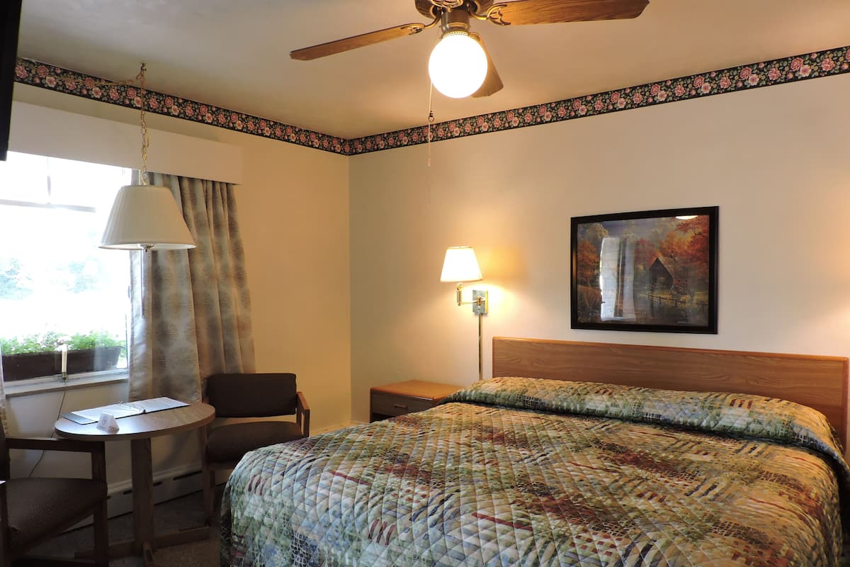 Habitación de hotel con cama, escritorio, silla, lámpara, ventilador de techo y un cuadro en la pared.