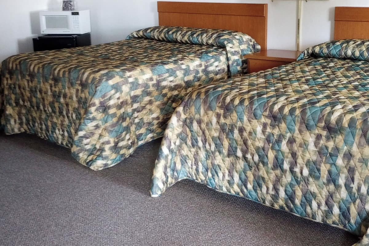 Una habitación de hotel con dos camas, una mesita de noche, una lámpara y un cuadro en la pared.