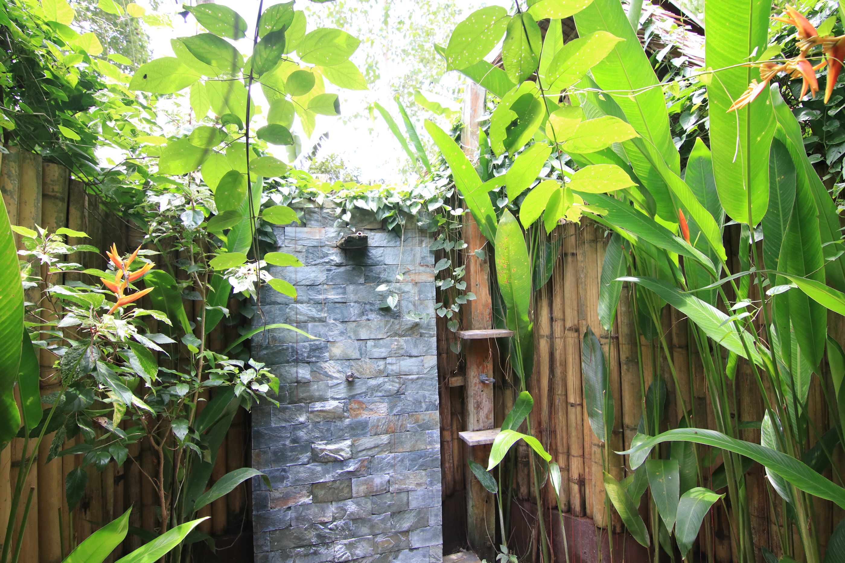 Een stenen muur met een houten omheining en weelderige groene beplanting.